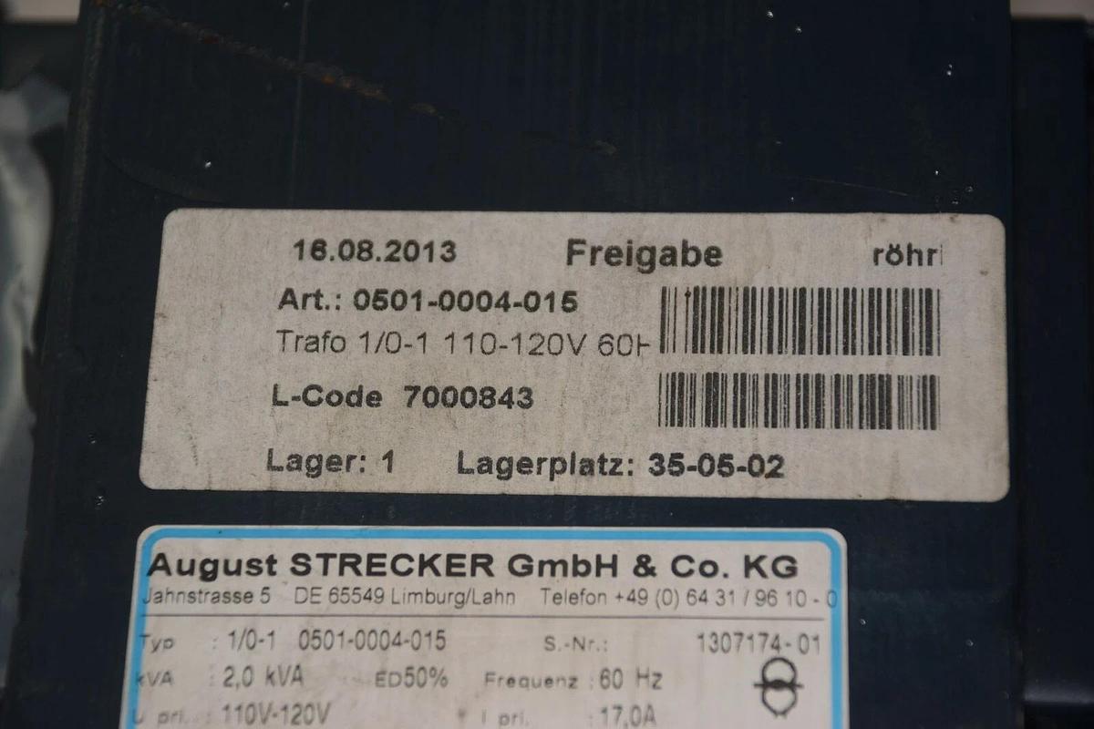 Used AUGUST STRECKER GmbH & CO 1/0-1 0501-0004-015 2,0kVA 110V-120V TRANSFORMER