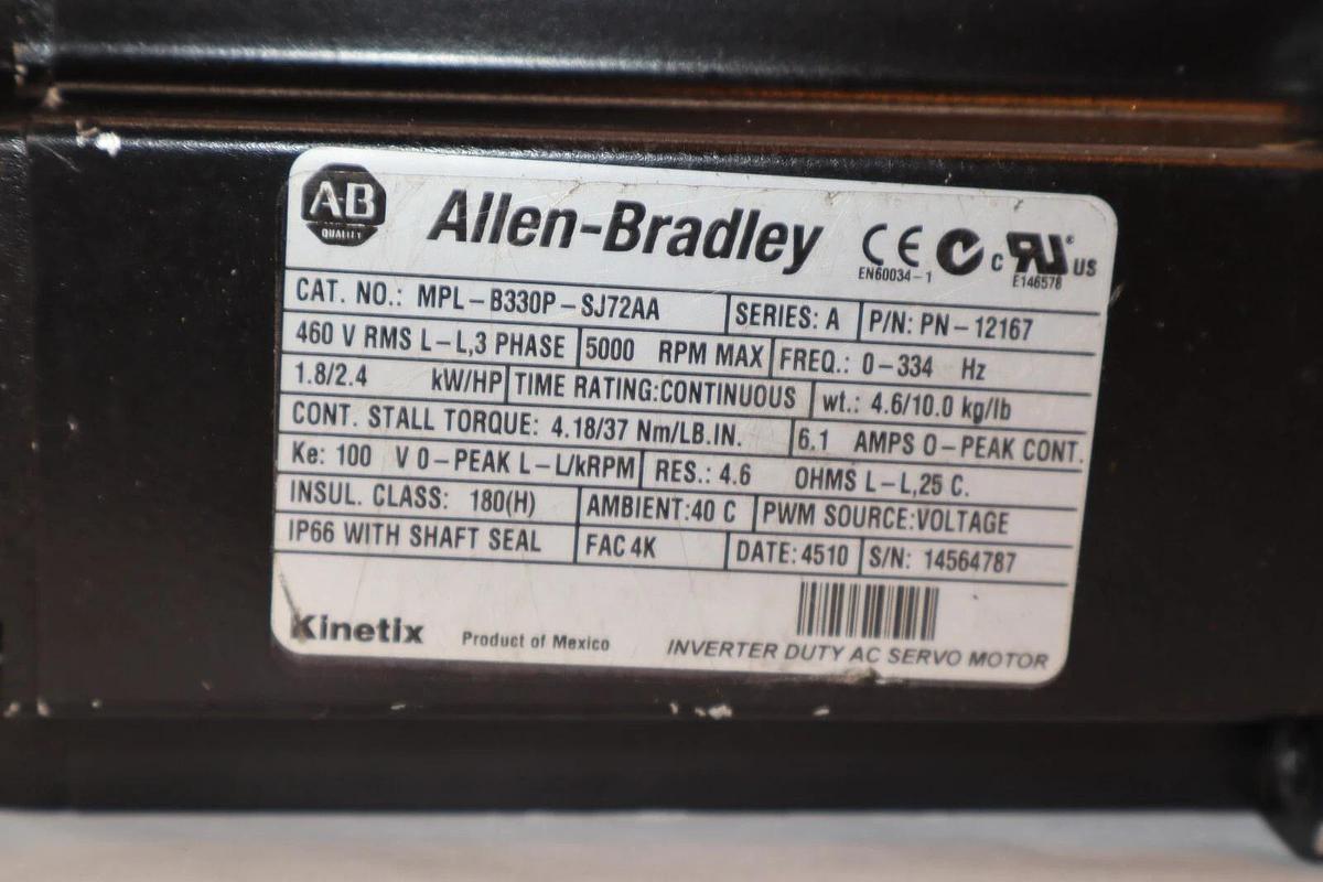 Refurbished ALLEN BRADLEY Kinetix Servo Motor MPL-B330P-SJ72AA 460v 3ph 1.8kw 2.4hp REFURB