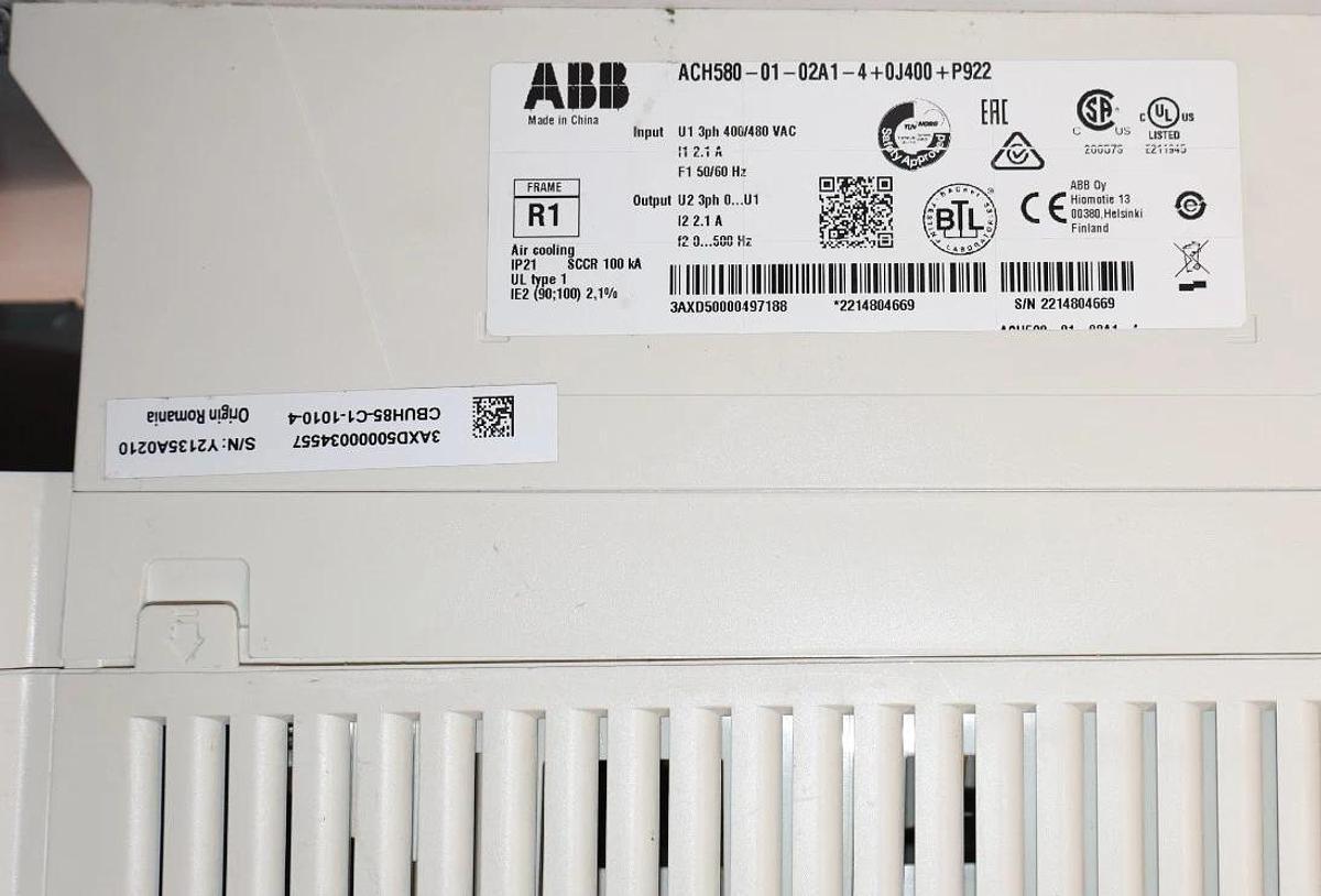 Used ABB VFD DRIVE ACH580-01-02A1-4+0J400+P922 400/480v 3ph ACH580-PDR-02A1-4
