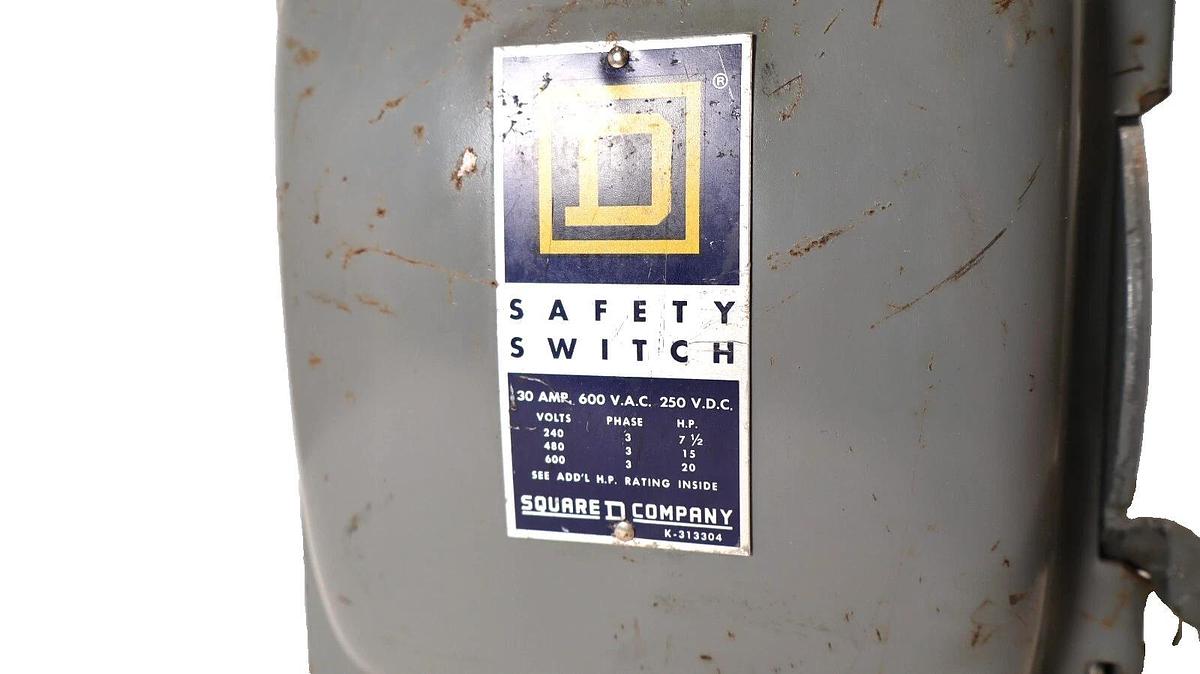 Used SQUARE D K-313304 K313304 30Amp 30 A 3ph 600Vac 250Vdc Safety Switch