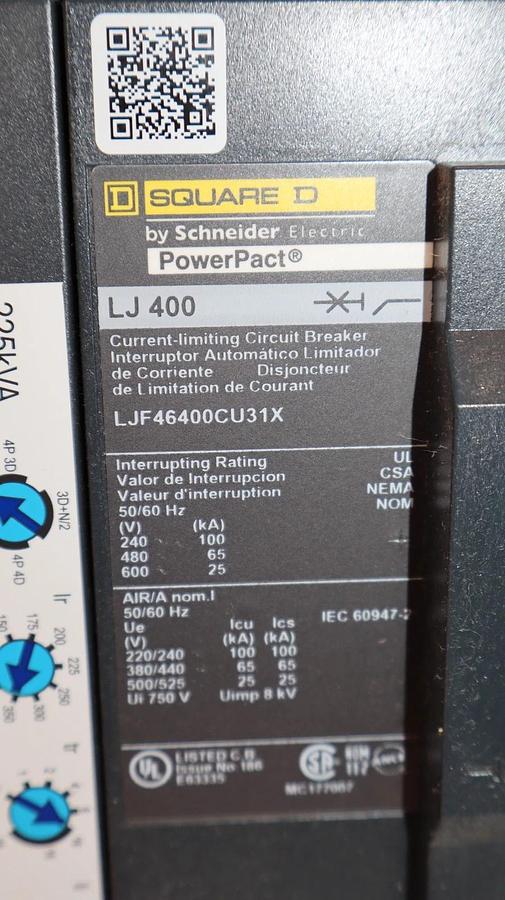 Used Square D Circuit Breaker LJF46400CU31X LJ 400 PowerPact LJ 400 Amp 3 Pole