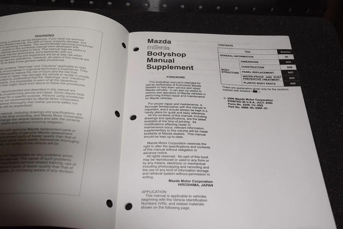 95 Mazda Millenia Body Shop Repair Manual Supplement Bodyshop Manual 1995