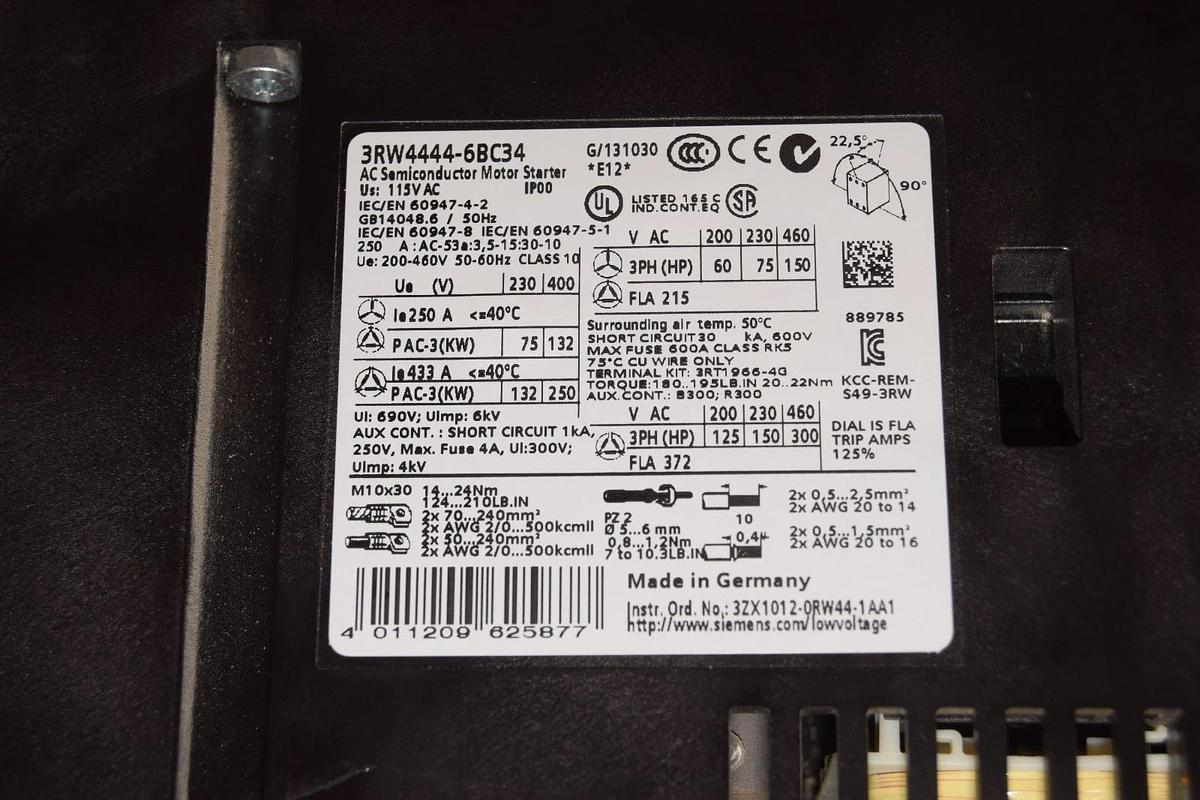 Used Siemens AC Semiconductor Motor Starter 3RW4444-6BC34 SIRIUS 115vac