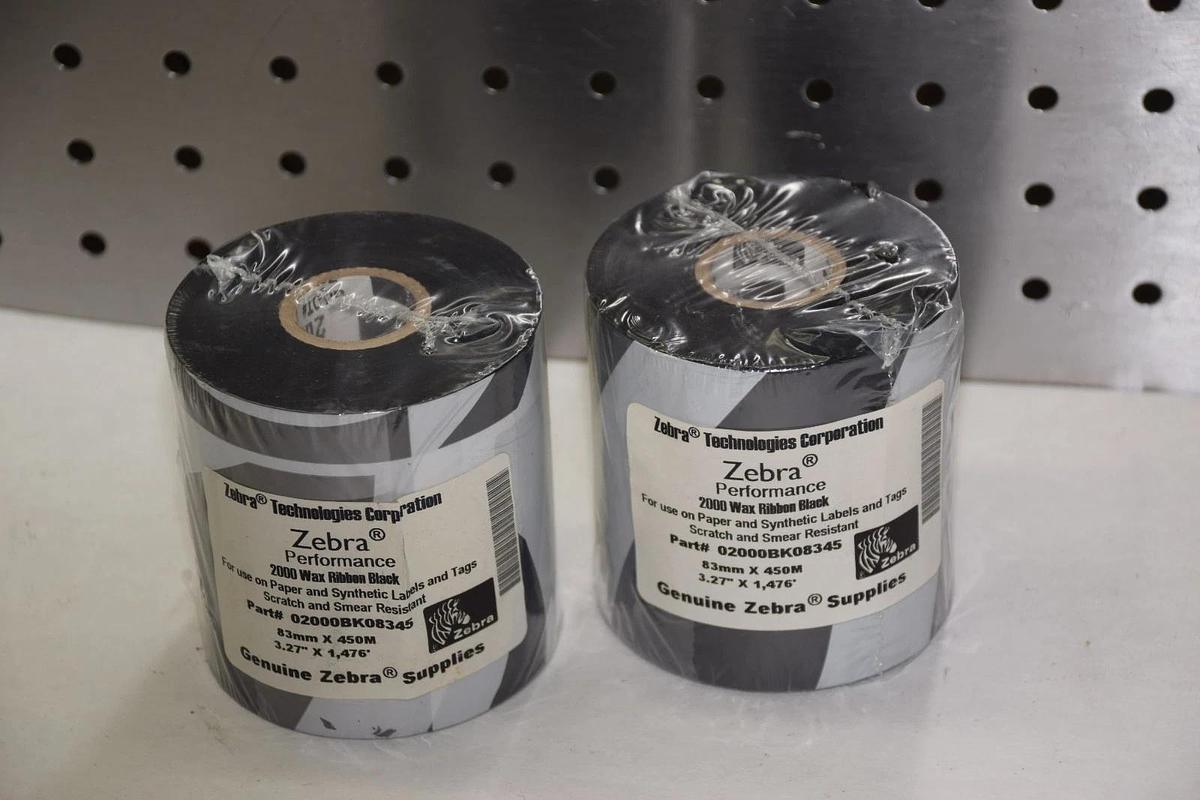 (LOT 2) ZEBRA TECHNOLOGIES 02000BK08345 83mm x 450m 2000 WAX RIBBON BLACK NEW