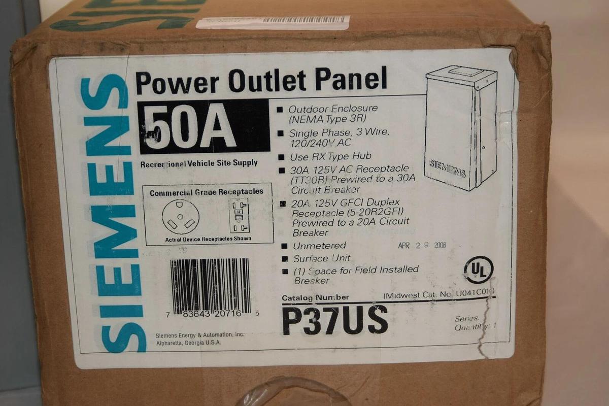 (NEW) SIEMENS 50A 50 Amp A 3W 120/240V Single Phase Power Outlet Panel 3R P37US