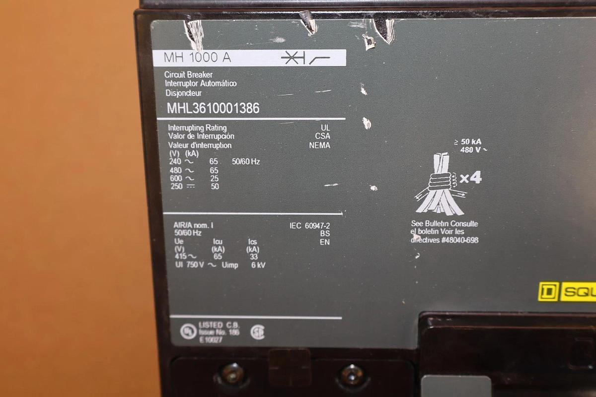 Square D Ciruit Breaker 1000A MHL3610001386 1000 Amp MH 1000 A 3p REFURB
