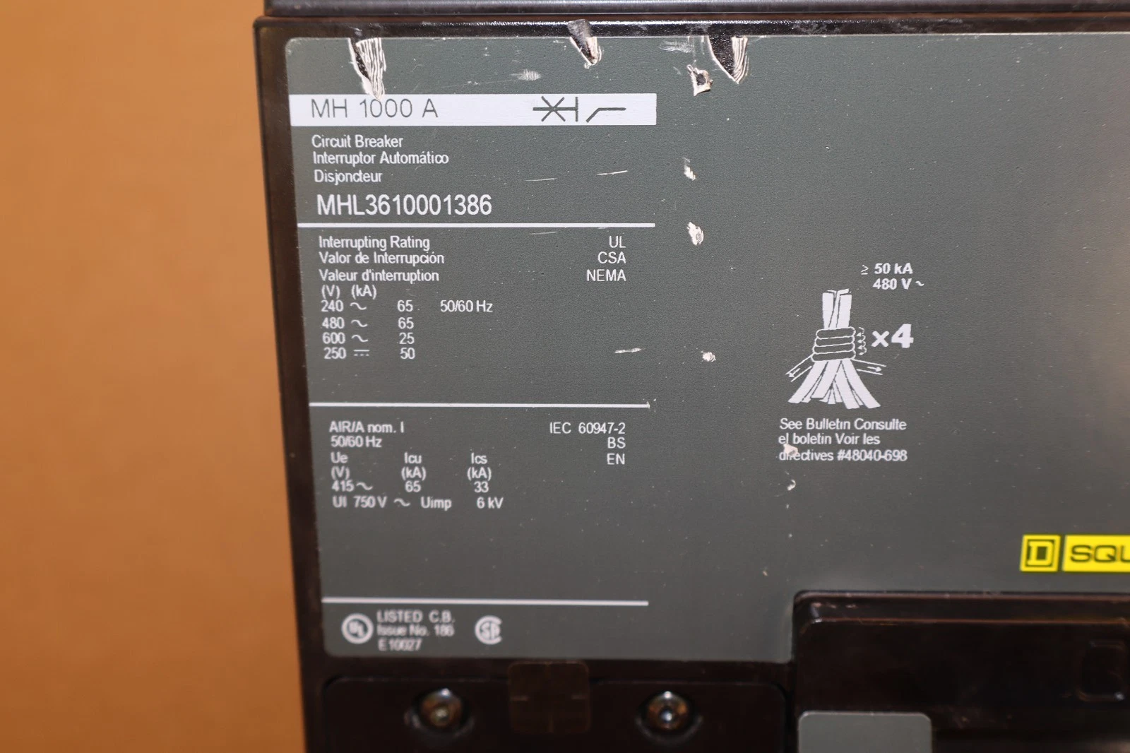 Square D Ciruit Breaker 1000A MHL3610001386 1000 Amp, SHUNT AUX MH 1000 A REFURB