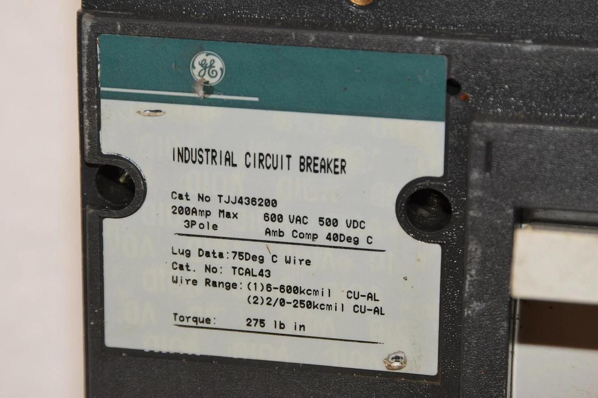 Used GENERAL ELECTRIC TJJ436200 200A 200 Amp 3P MAG ADJ 600-2000A Circuit Breaker