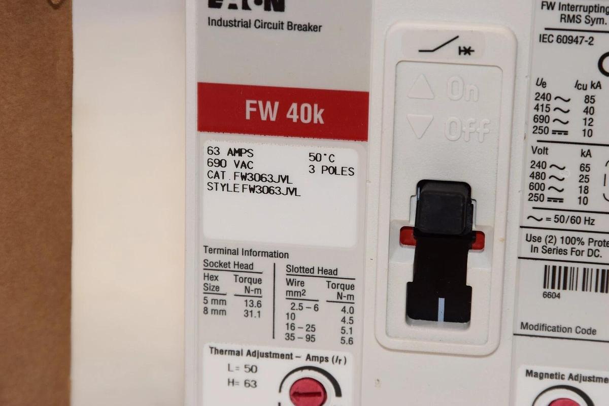 Used Eaton FW3063JVL 63 Amp Ser, C Industrial Circuit Breaker 63A, 690VAC (New)