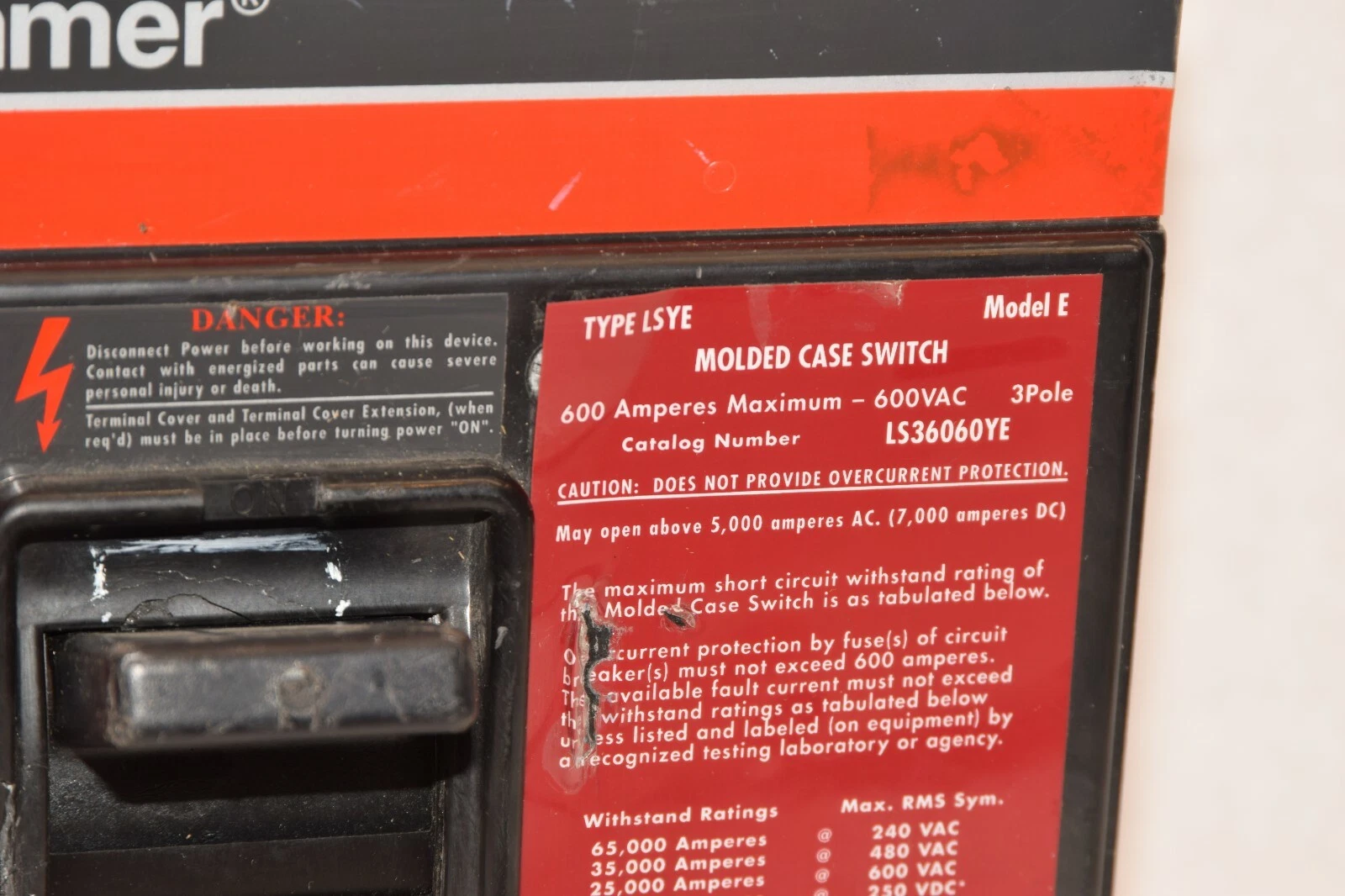 Used CUTLER HAMMER LS36060YE 600A 600 Amp Model F 3P Molded Case Switch Breaker