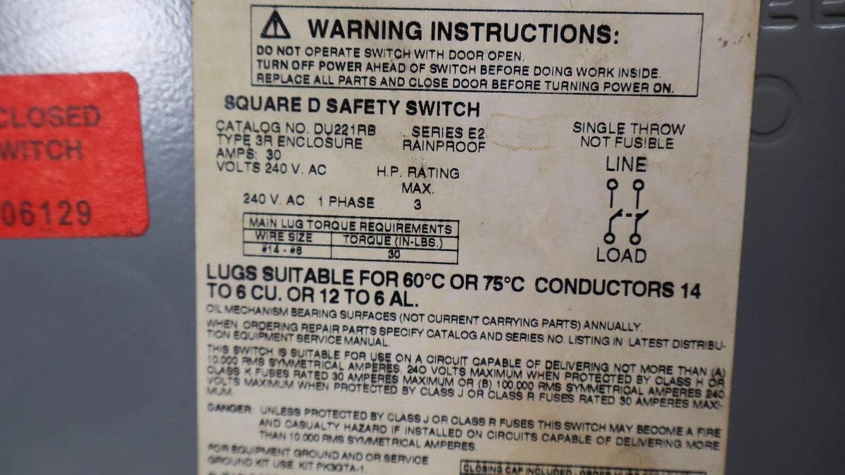 Used SQUARE D Safety Switch DU221RB 30Amp 240V Series E2 Type 3R Enclosure