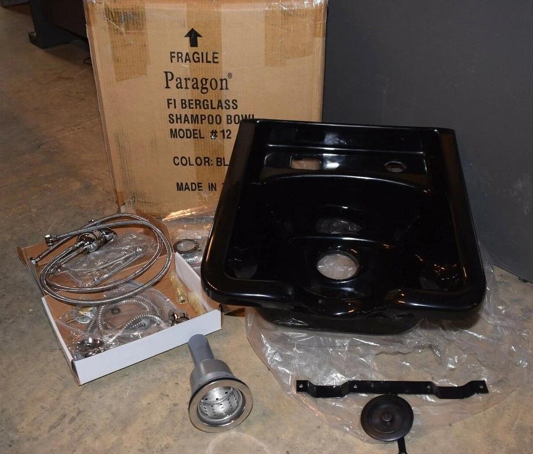 Used (New) Paragon 12 UPC Black Fiberglass Salon Shampoo Bowl sink with GLT-05 faucet