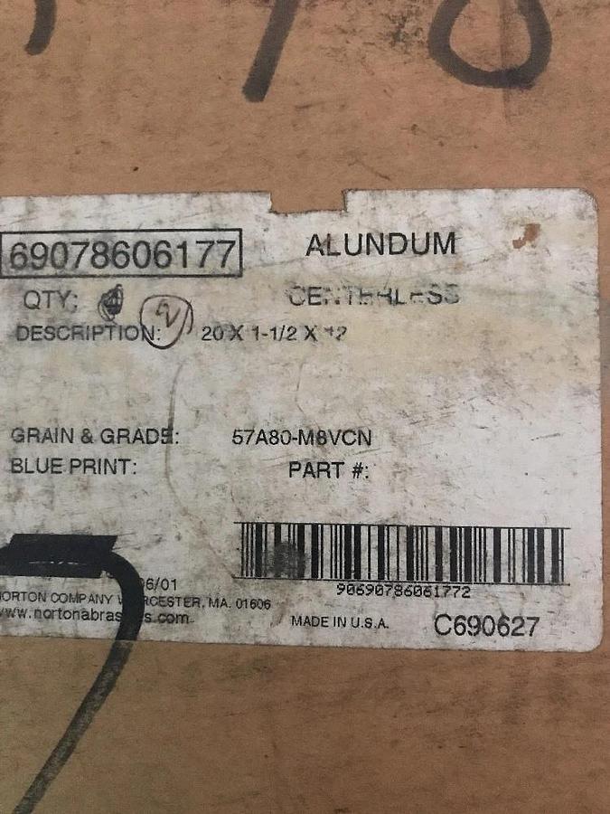 Norton 57A80-M8VCN 20" Alundum Grinding Wheel 20x 1-1/2x 12, 20x1-1/2"x12"