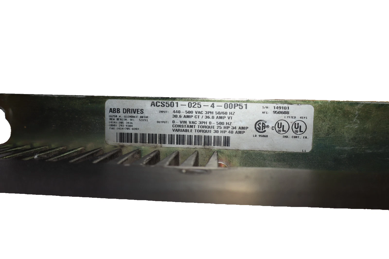 Used ABB Drive ACS500 ACS501-025-4-00P51 440-500vac 3p ACS501-025-4-00P51 25hp 30hp