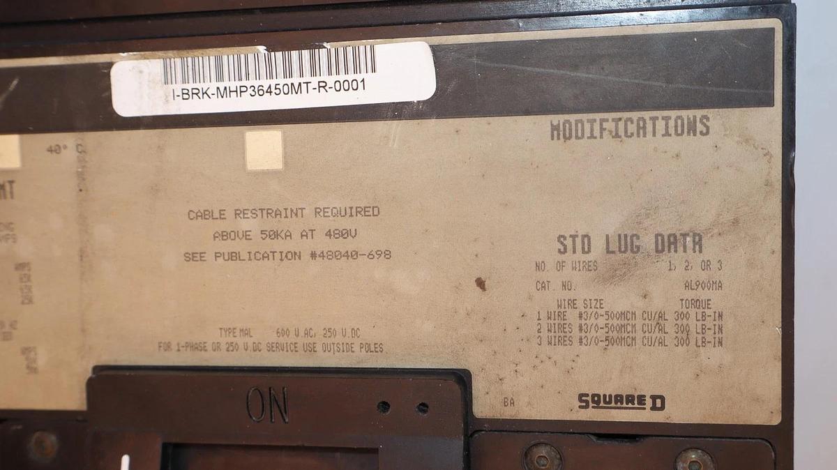 Used Square D Breaker MHP36450MT 450 AMP 600V  450A Magnetic Trip Adjustment