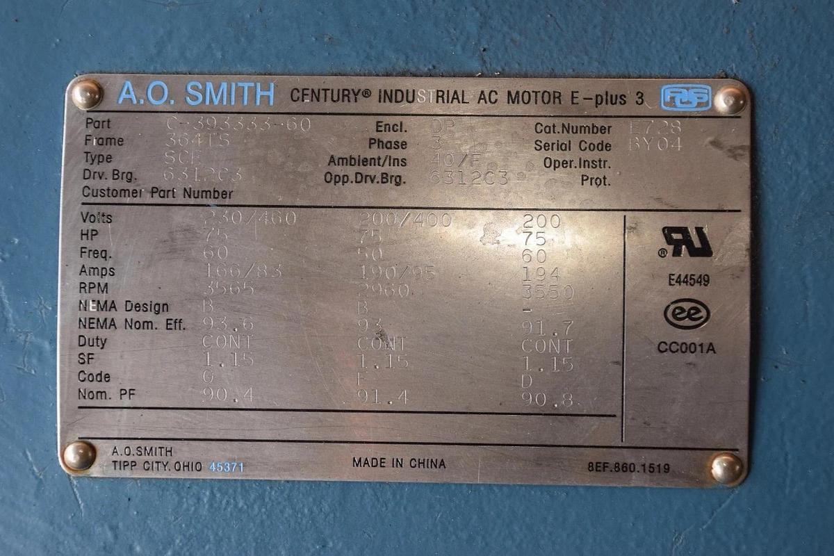 NEW AO Smith Motor, 75 HP,C-393333-60, 3565 RPM, 3 Phase, 364TS Frame SCE, E728