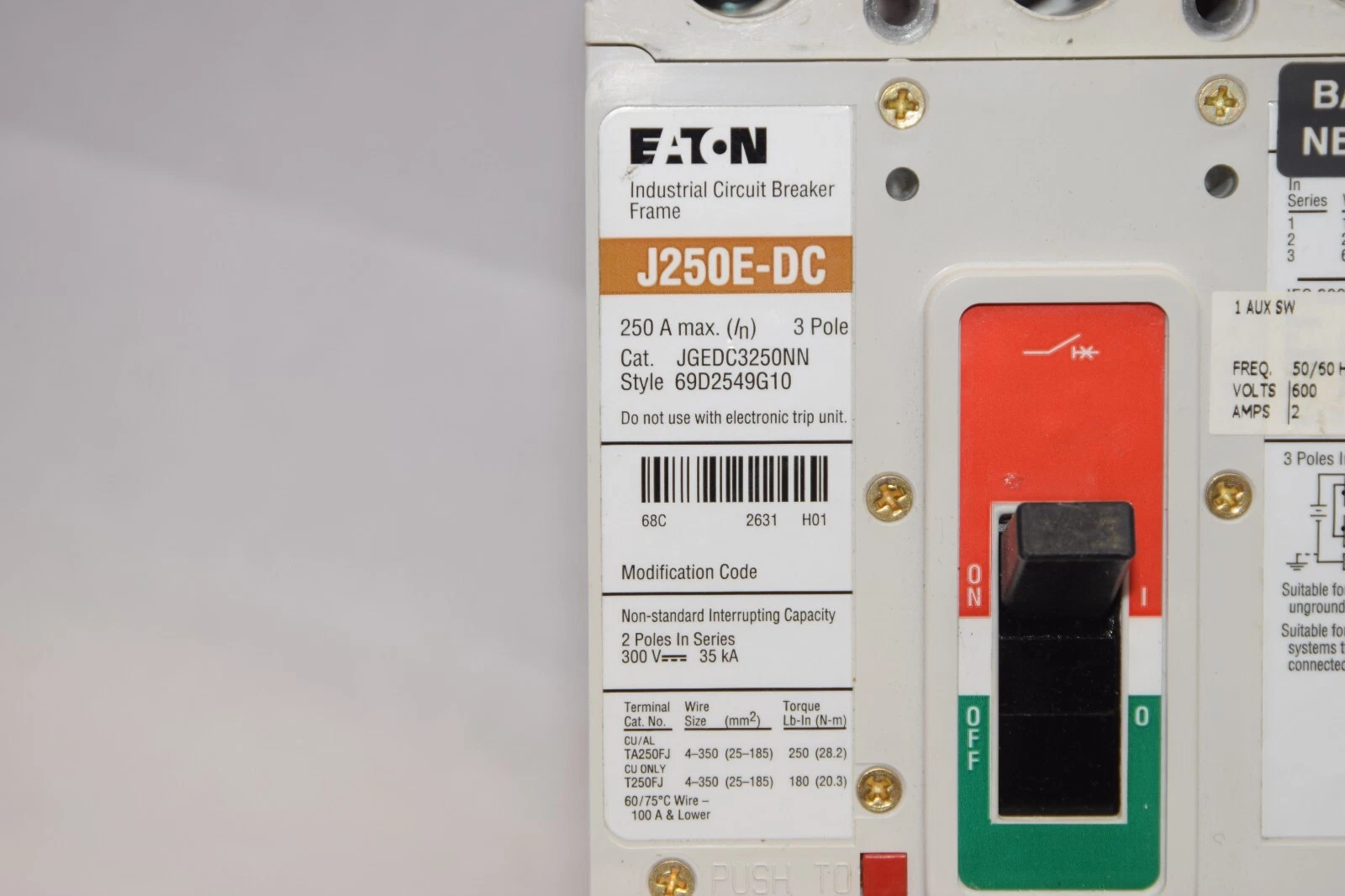 CUTLER HAMMER EATON JGEDC3250NN J250E-DC 250A w/ 125A Trip Breaker New Takeout