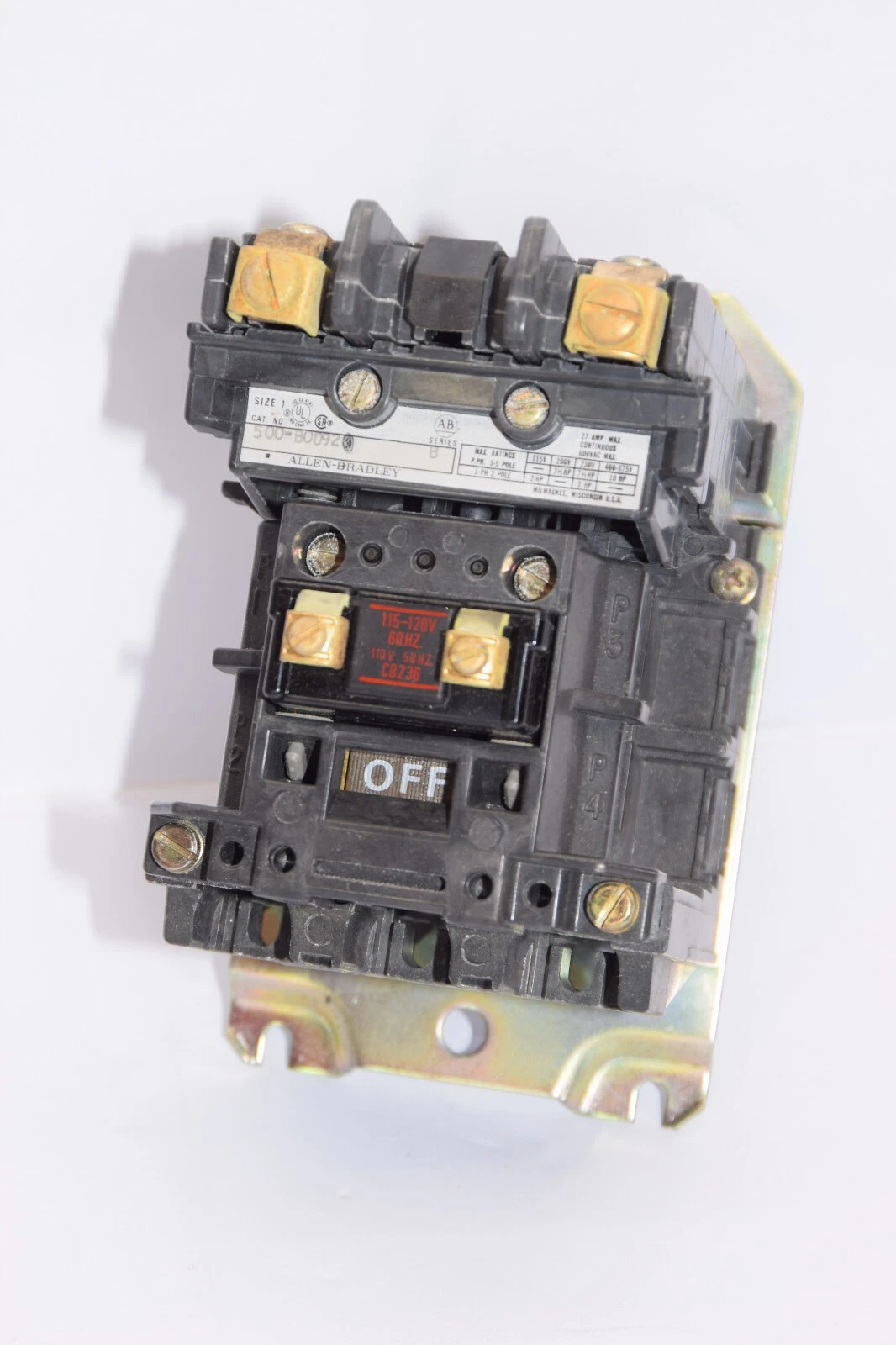 (NEW) ALLEN BRADLEY 500-B0D92 Series B 27Amp 2P 115-120V Coil Contactor
