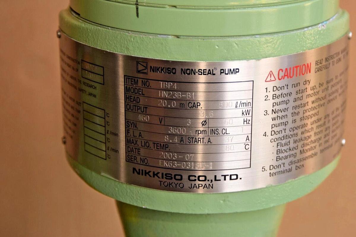 Used Nikkiso Non-Seal Pump TBP4 HN23B-B1 HN23BB1 Head: 20m 3.6kw 460v 500 L/min