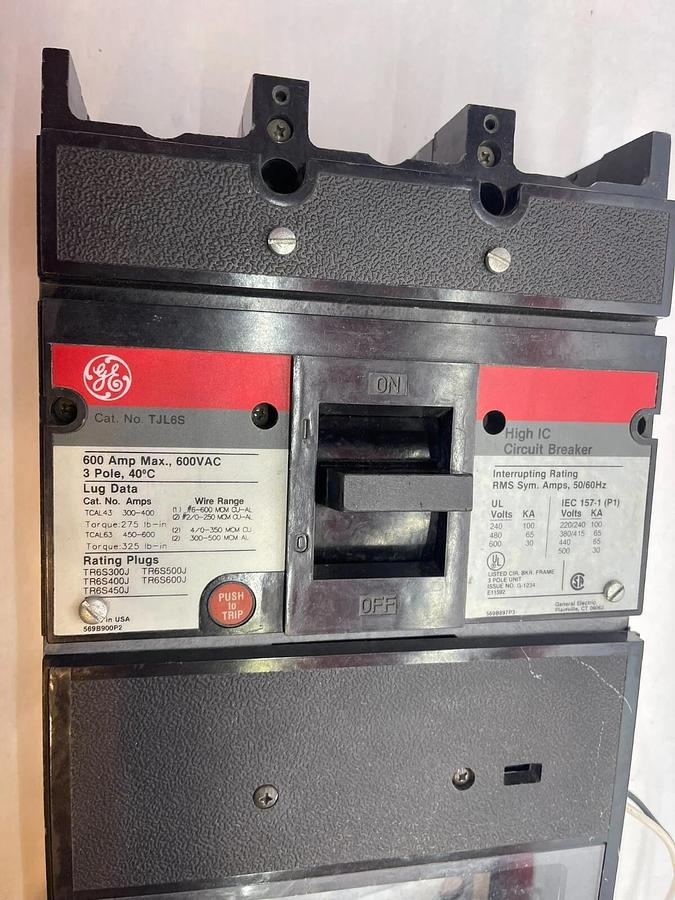 Used General Electric GE TJL6S 600A 600 Amp Hight IC Breaker 3p  NO RMS9 Progr, AS-IS