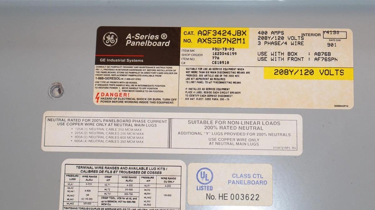 Used General Electric GE ASeries 400A Panelboard Panel AQF3424JBX 208y/120v 3ph 4w 42