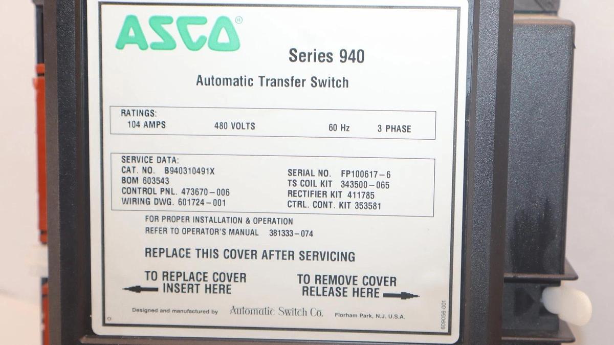 Used ASCO B940310491X 104A 480V 60Hz 3 Phase Series 940 Automatic Transfer Switch