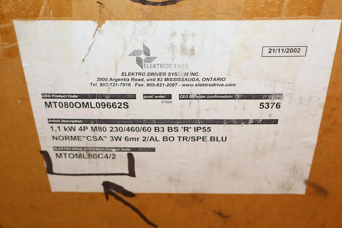 Elektro Drives CEG Motor MT0ML80C4/2 1.1kW 1.5hp 1686rpm 4p 230/460v  (New)