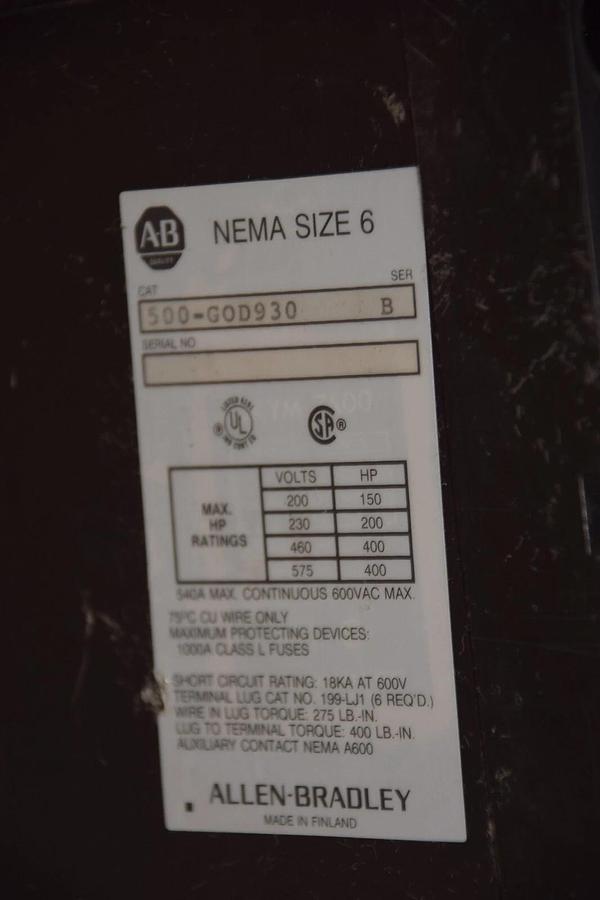 Used Allen Bradley AB Size Sz 6 Contactor 509-G0D930 509G0D930 Ser B 110/120v coil
