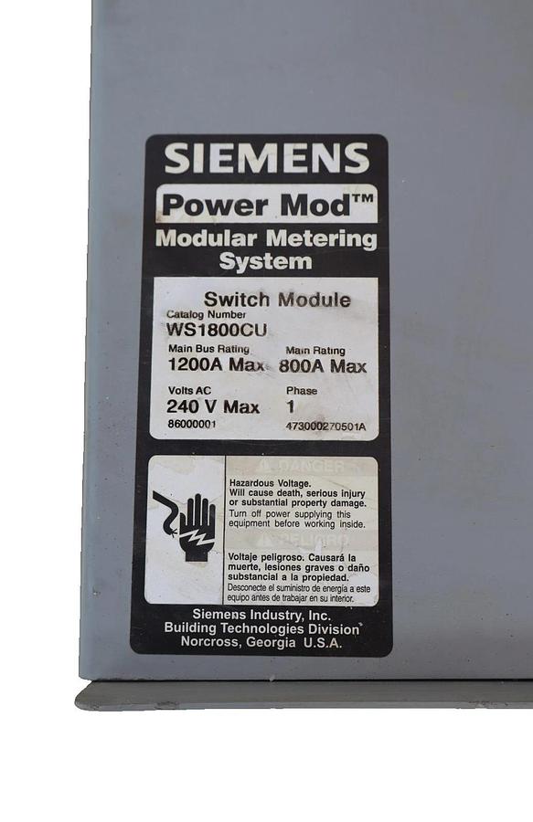 Used Siemens Power Mod 800A Modular Metering System WS1800CU Switch Module 1ph 240v
