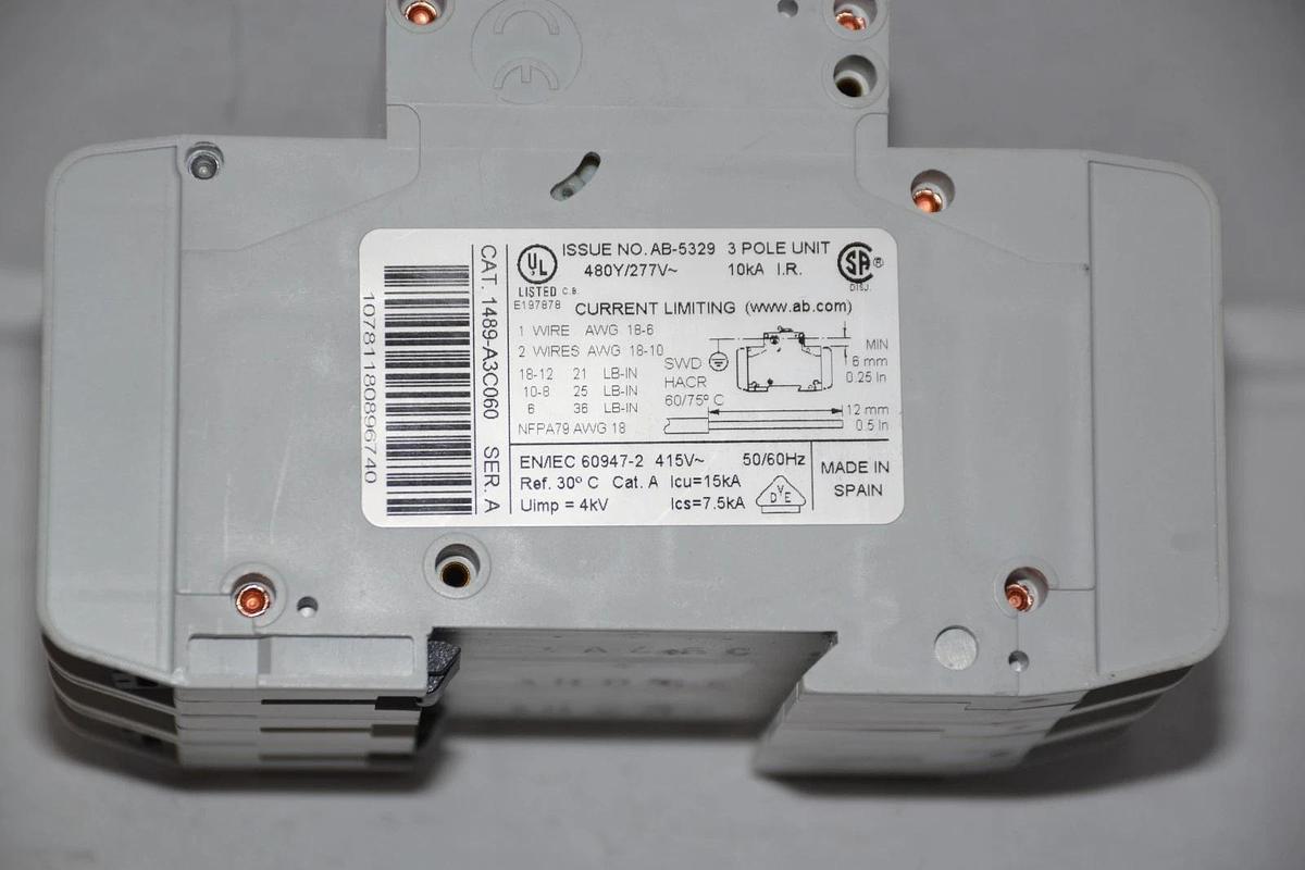 Used ALLEN BRADLEY Breaker 1489-A3C060 Ser. A 3 pole unit 1489-A  6 Amp 6A 480Y 277V