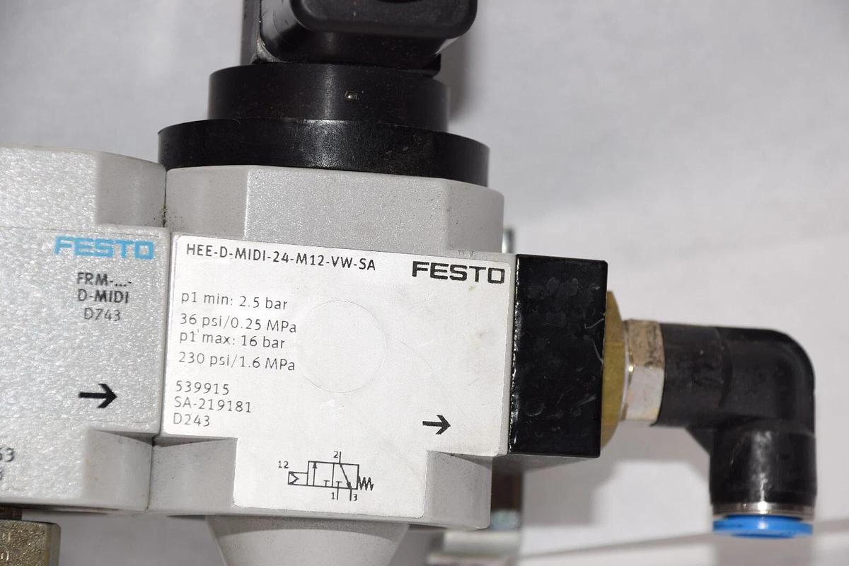 Used FESTO HEE-D-MIDI-24-M12-VW-SA On/Off Valve Assembly W/ Branching Module 164953