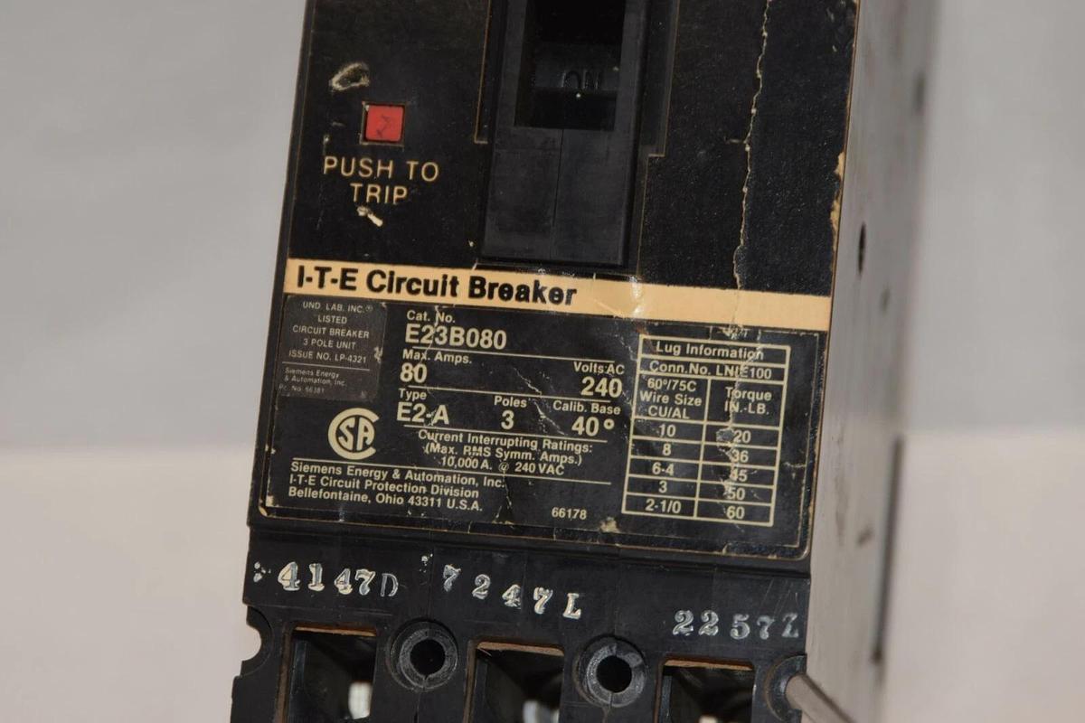 Used SIEMENS ITE E23B080 80A 80 Amp 80 A 240Vac 3P Type E2-A Circuit Breaker *Chip*