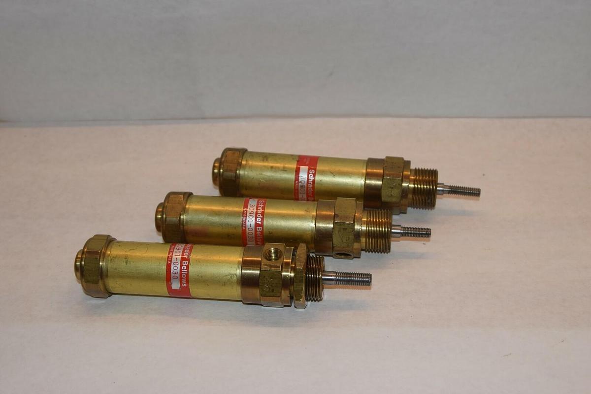 Used (3) SCHRADER BELLOWS 30901-0030 309010030 3" STROKE BRASS PNEUMATIC CYLINDER