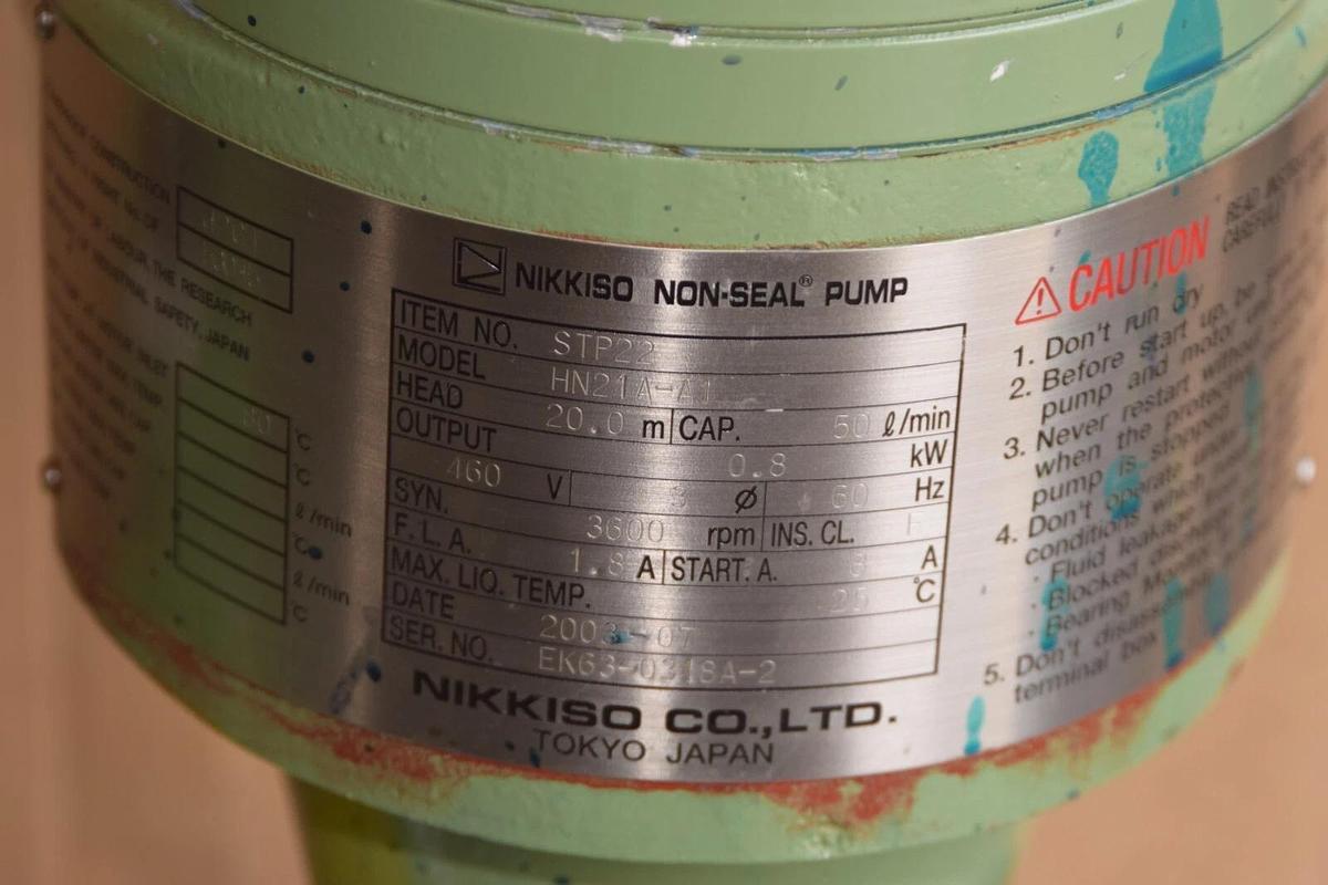 Used Nikkiso Non-Seal Pump Canned Motor HN21A-A1 HN21AA1 Head: 20m .8kw 440v 50 L/min