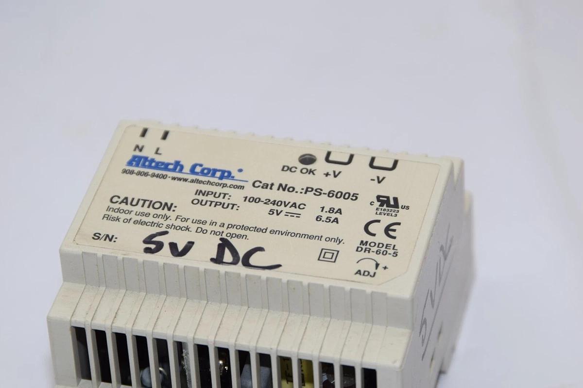Used ALTECH CORP PS-6005 DR-60-5 Input 100-240Vac /1.8A Output 5V /6.5A Power Supply