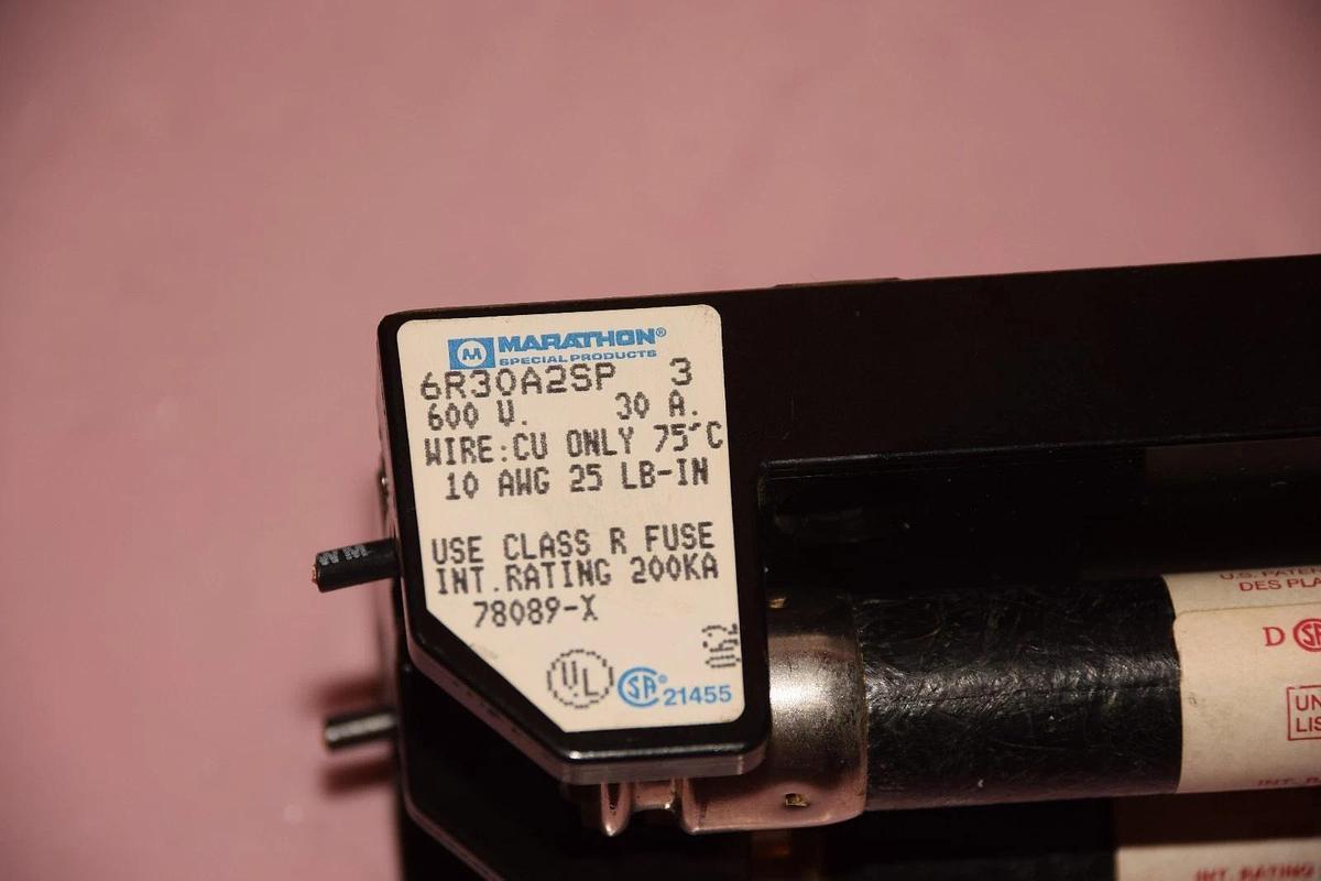 Used Marathon 6R30A2SP 30 Amp Fuseholder with FLSR1, slo-blo, fuses, fuse