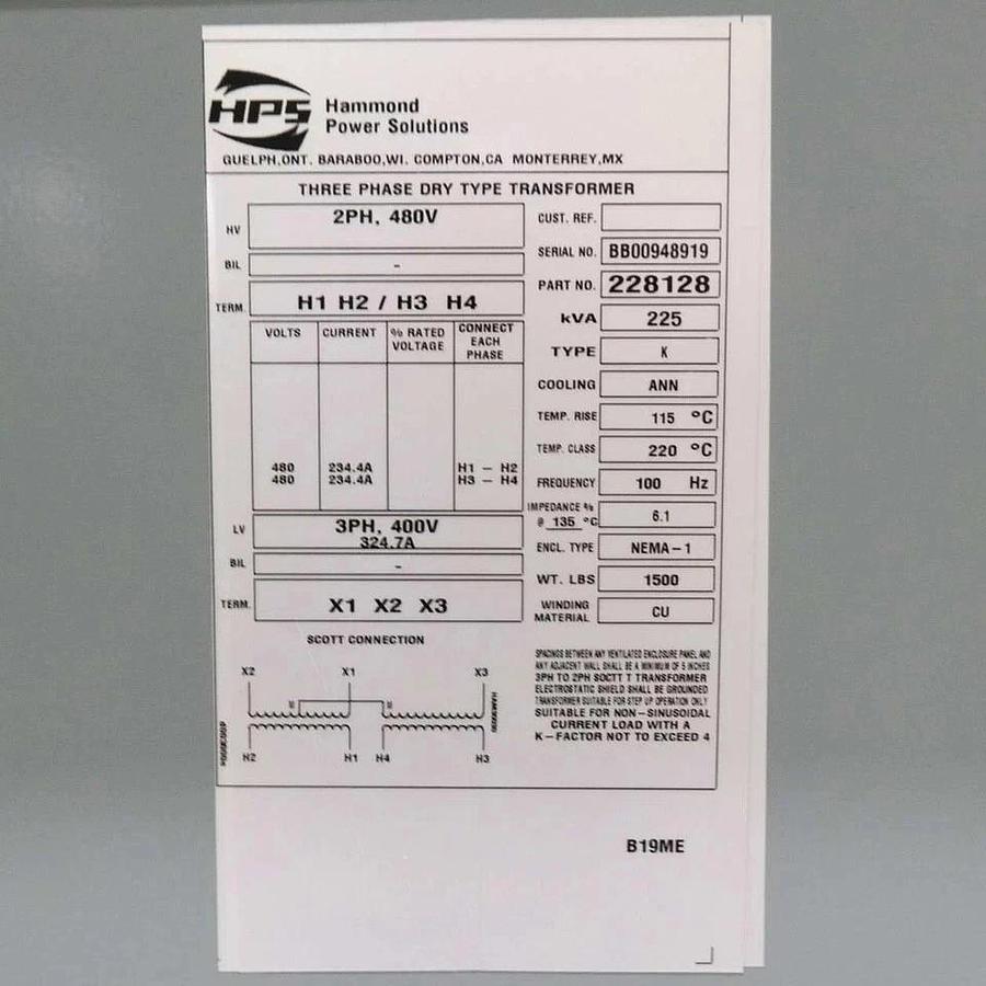 HPS Hammond Power 225 KVA, 228128, HV 480V 2PH, LV 400V 3PH, Type K, Transformer