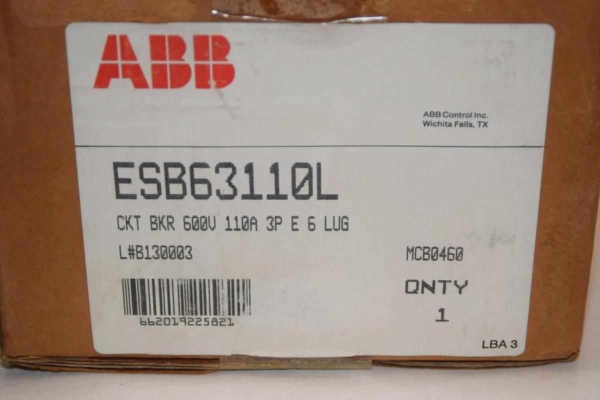 (NEW) ABB ESB63110L 110A 110 Amp A 600V 3P Circuit Breaker