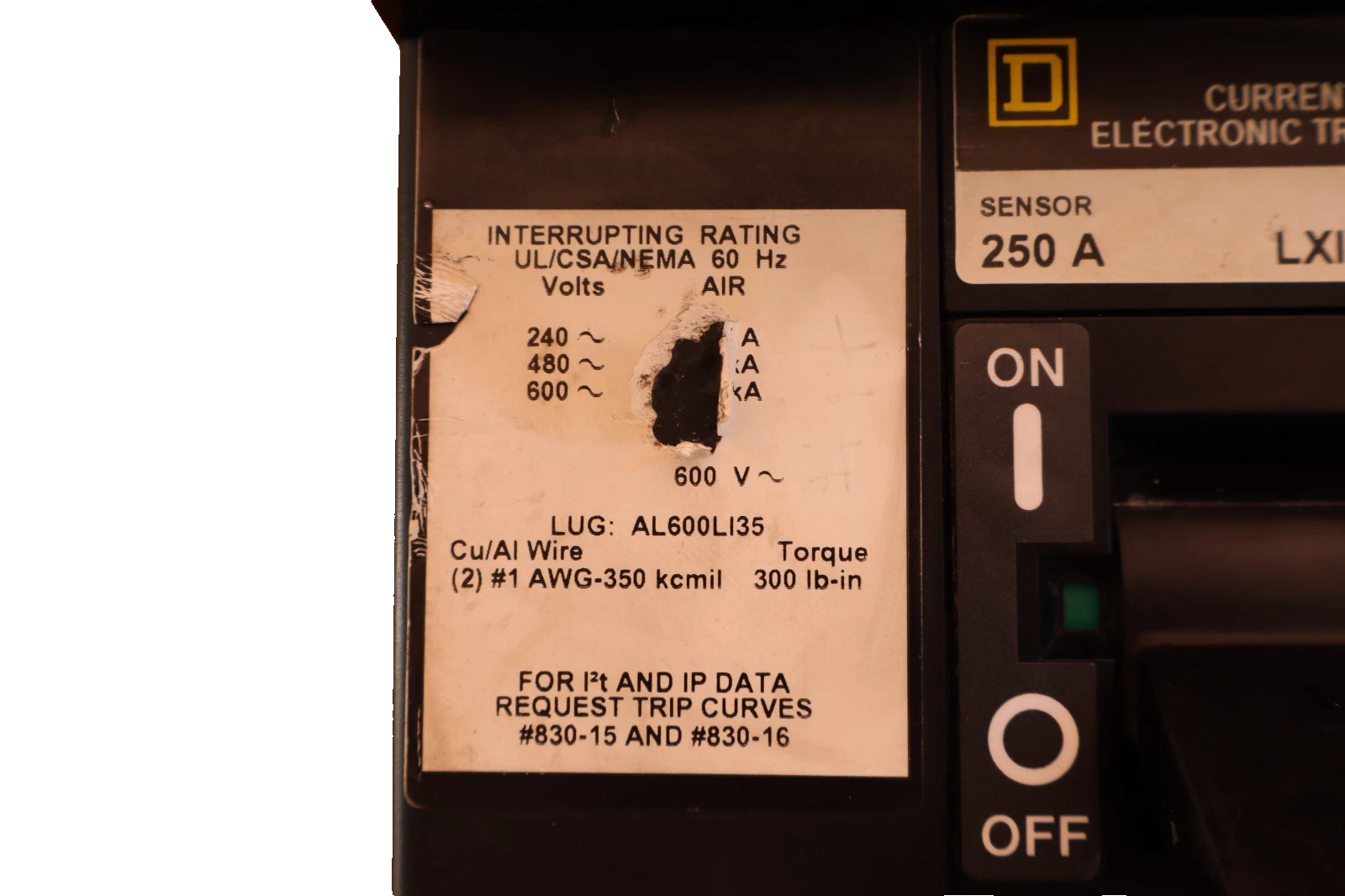 Used Square D Breaker 250A 250 Amp LXI36250G ARP040 Micrologic SerB Ground Fault