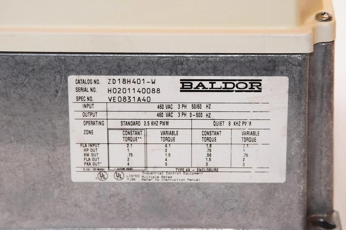 Used BALDOR ZD18H401-W 3PH 460Vac 50/60Hz AC Drive
