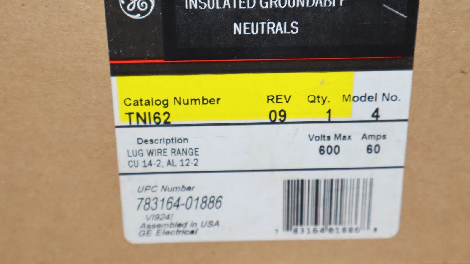 GE Insulated Groundable Neutral TNI62 600VAC 250DC 60Amp (Lot of 3)