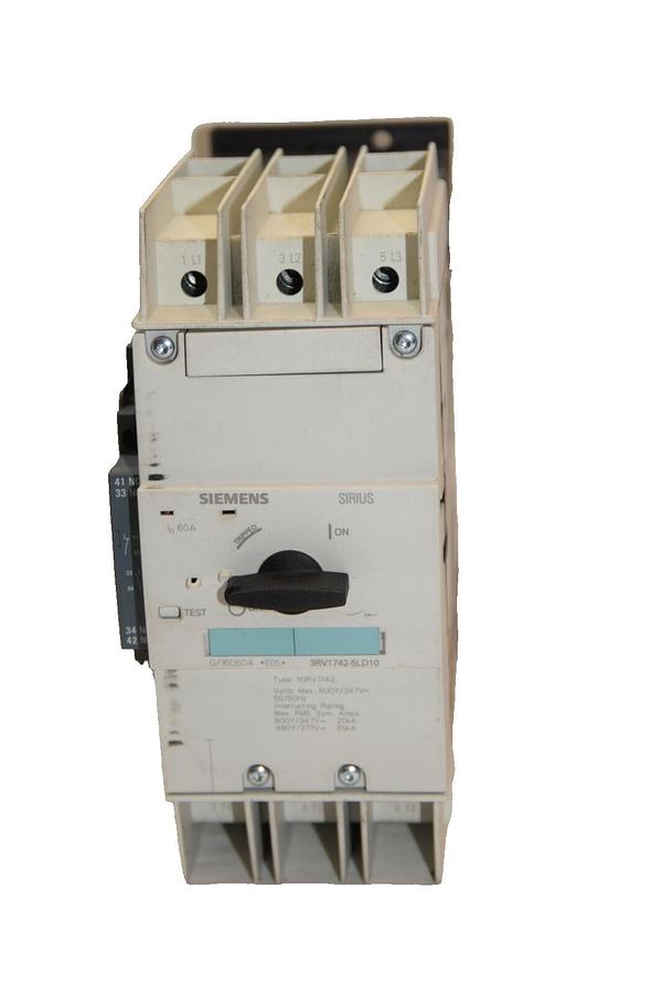 Used SIEMENS 3RV1742-5LD10 60A 600V 3P Sirius Breaker W/ 3RV2901-1A Aux. Contact