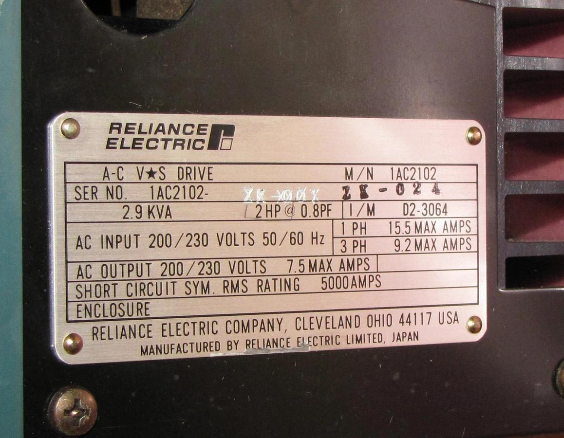 Used RELIANCE ELECTRIC AC VS DRIVE 2HP 1AC2102 1AC2102-ZK-024  208-230V 2 HP