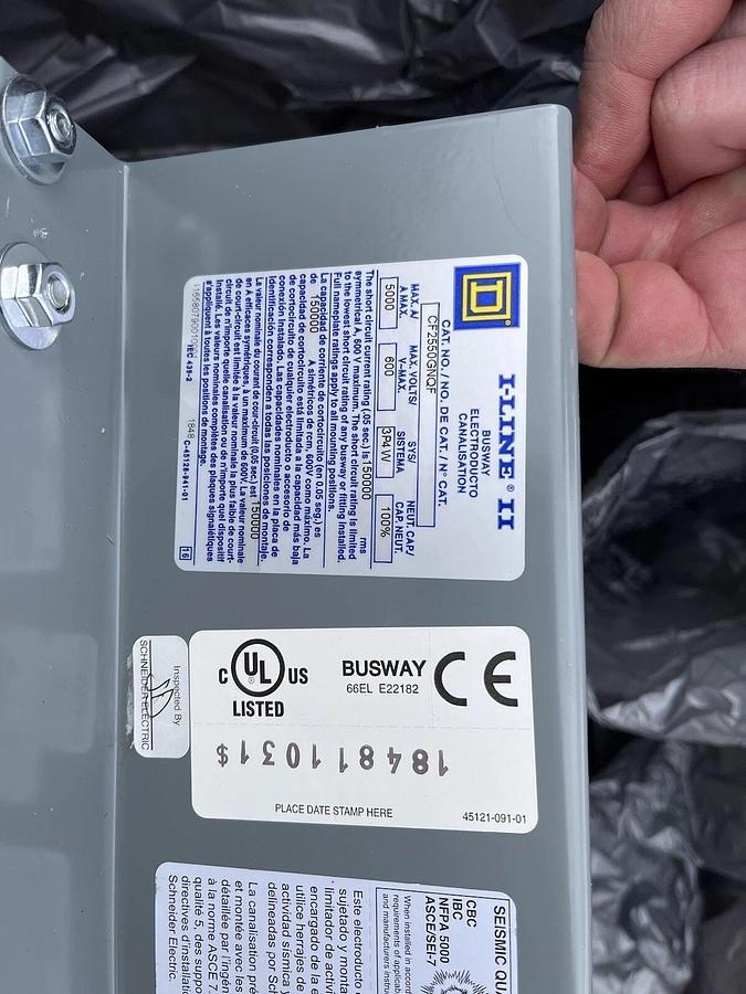 Square D 5000A 4 wire busway fitting  I-Line II CF2550GNQF 600v, 3p4W