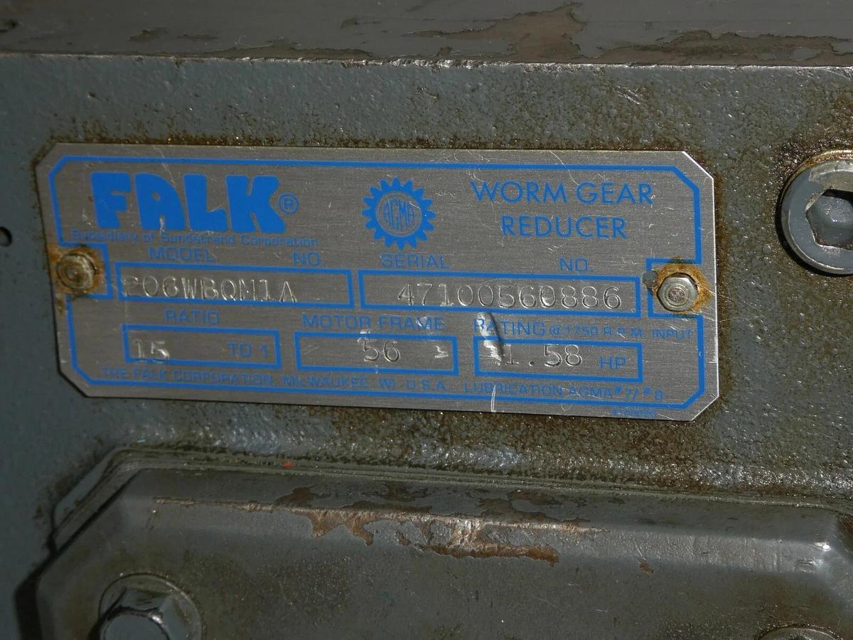 Used FALK 206WBQM1 15:1 Ratio 56 Motor Frame 1.58HP 1" / 5/8" Worm Gear Reducer
