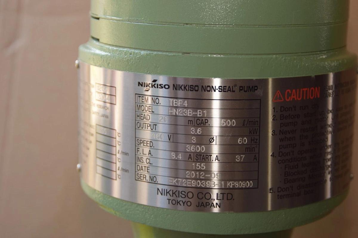 Nikkiso Non-Seal Pump TBP4 HN23B-B1 HN23BB1 Head: 20m 3.6kw 460v 500 L/min (NEW)