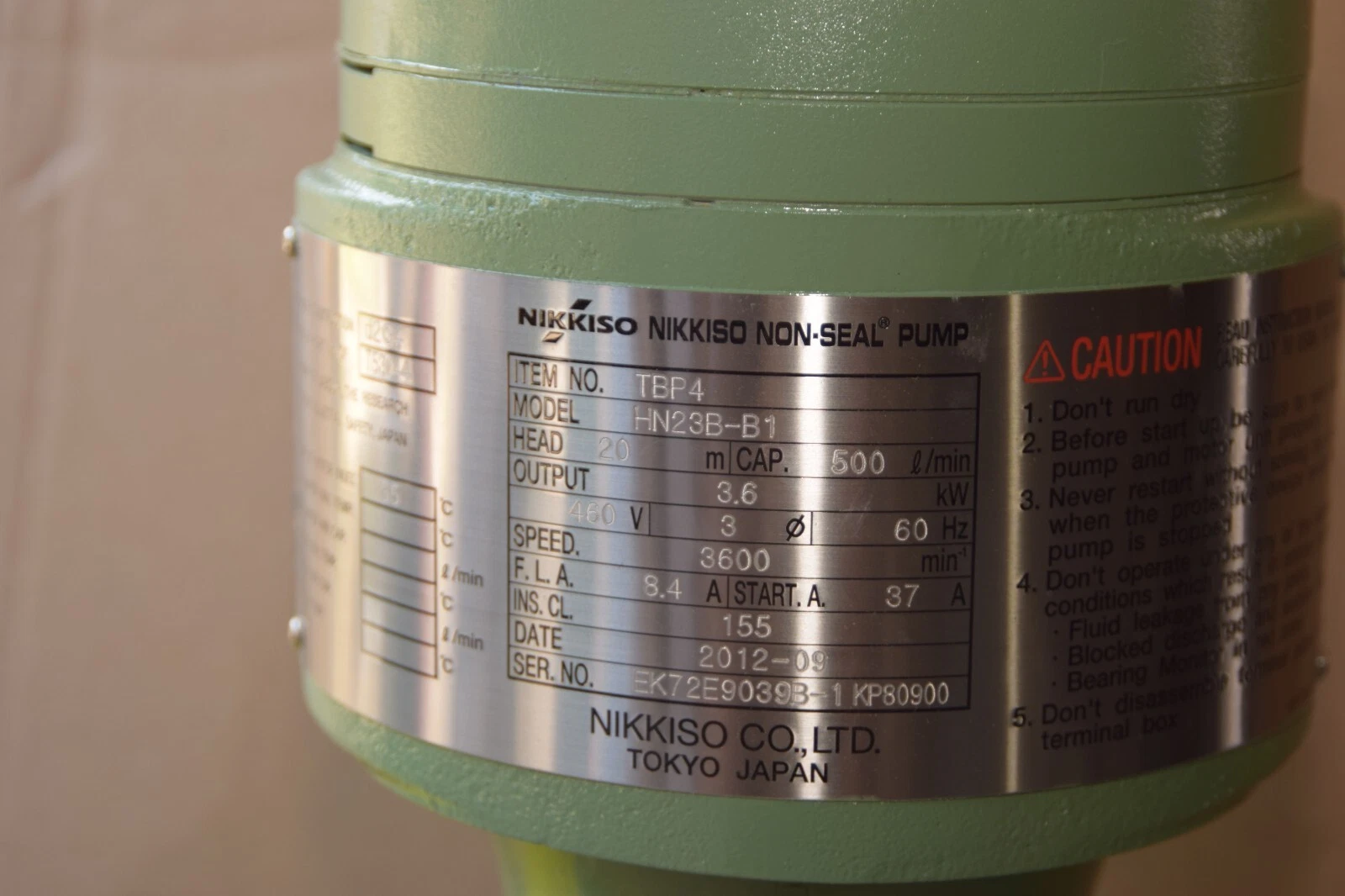 Nikkiso Non-Seal Pump TBP4 HN23B-B1 HN23BB1 Head: 20m 3.6kw 460v 500 L/min (NEW)