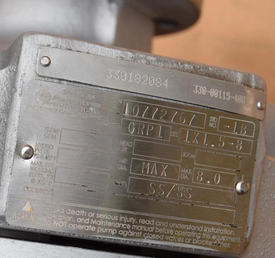 PumpWorks Industrial DXP Pump GRP1 1x1.5x8 GRP1-1x1.5x8 316SS (Refurbed)