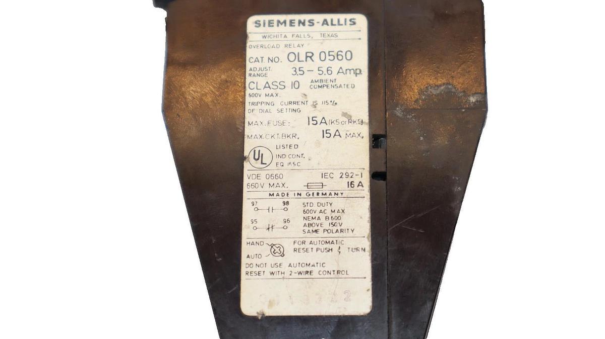 Used Siemens - Allis OLR 0560 , OLR0560 3.5-5.6A Amp Overload Relay