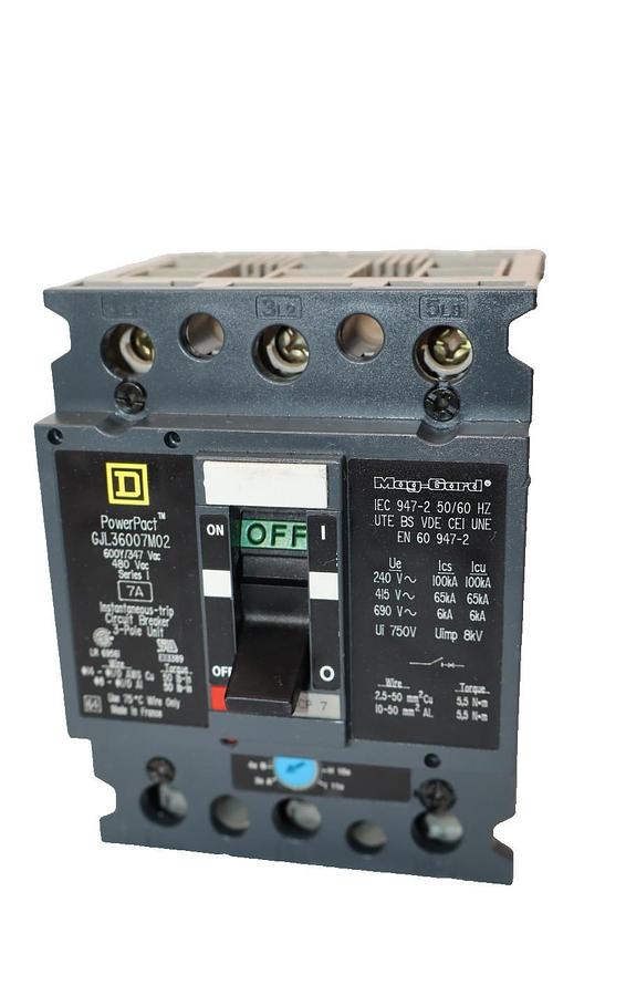 Used Square D Circuit Breaker 7A PowerPact Mag-Gard 7 Amp 3P GJL36007M02